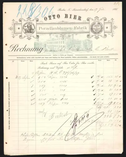 Rechnung Berlin-Reinickendorf 1888, Otto Bier, Porzellanblumen-Fabrik, Ansicht der Fabrik