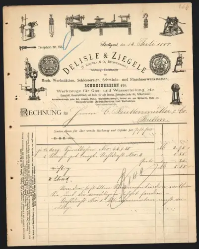 Rechnung Stuttgart 1888, Delisle & Ziegele, Einrichtungen für Mech. Werkstätten und Schlossereien, Werkmaschinen