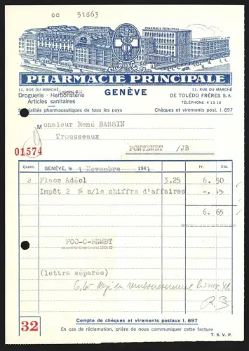 Rechnung Geneve 1941, Pharmacie Principale, Droguerie, Herboristerie, Gesamtansicht vom Werk