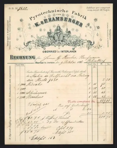 Rechnung Oberried bei Interlaken 1896, K. & F. Hamberger, Pyrotechnische Fabrik, Mönch mit Mörser und Stössel