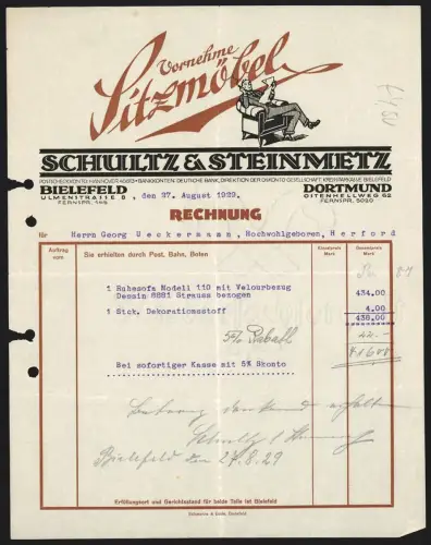 Rechnung Bielefeld 1929, Schultz & Steinmetz, Vornehme Sitzmöbel, Herr auf Sessel