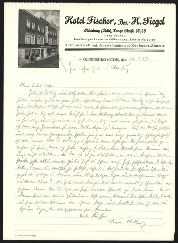 Briefkopf Oldenburg 1951, Hotel Fischer, Bes. H. Siegel, Lange Strasse 67/68, Ansicht der Hotelfassade