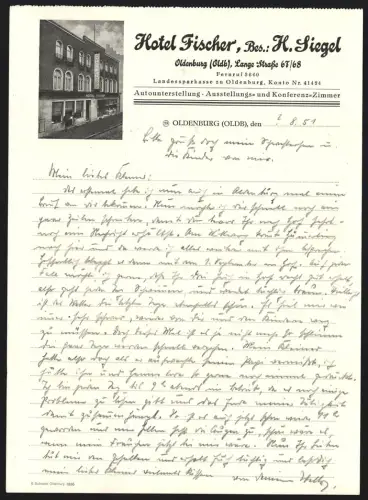 Briefkopf Oldenburg 1951, Hotel Fischer, Bes. H. Siegel, Lange Strasse 67/68, Ansicht der Hotelfassade