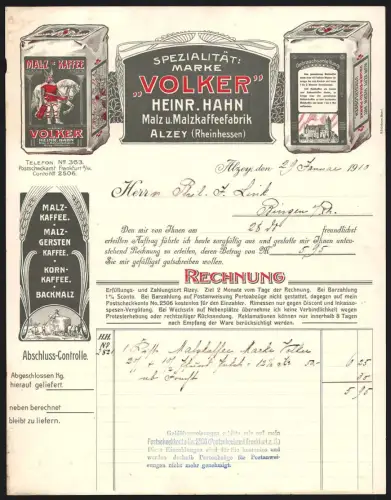 Rechnung Alzey /Rheinhessen 1910, Heinr. Hahn, Malz u. Malzkaffeefabrik, Spezialität Marke Volker, Kaffeepackungen