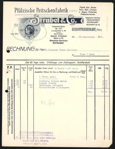 Rechnung Schifferstadt /Pfalz 1926, Strubel & Co., Pfälzische Peitschenfabrik, Fahr-, Reit- und Bogen-Peitschen, Emblem