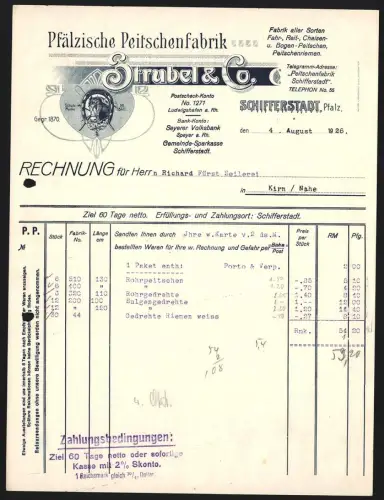 Rechnung Schifferstadt /Pfalz 1926, Strubel & Co., Pfälzische Peitschenfabrik, Fahr-, Reit- und Bogen-Peitschen, Emblem