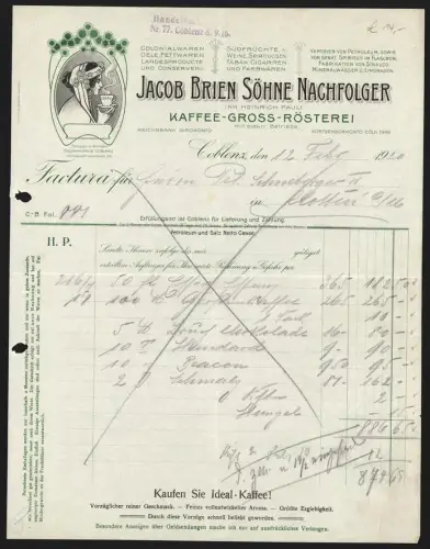 Rechnung Coblenz 1920, Jacob Brien Söhne Nachfolger, Kaffee-Gross-Rösterei, Frau mit Ideal-Kaffee