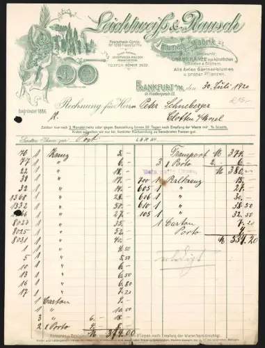 Rechnung Frankfurt a. M. 1920, Leichtweiss & Rausch, Blumen-Fabrik, Alle Arten Gärtnerblumen, Medaillen 1897