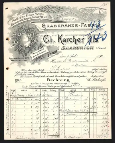 Rechnung Saarunion /Elsass 1912, Ch. Karcher fils, Grabkränze-Fabrik, Metallkränze, Blätterkränze, Perlkränze