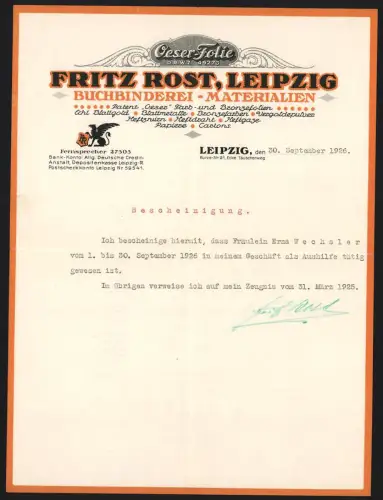 Briefkopf Leipzig 1926, Fritz Rost, Buchbinderei-Materialien, Blattmetalle, Bronzefarben, Heftgaze, Kartons