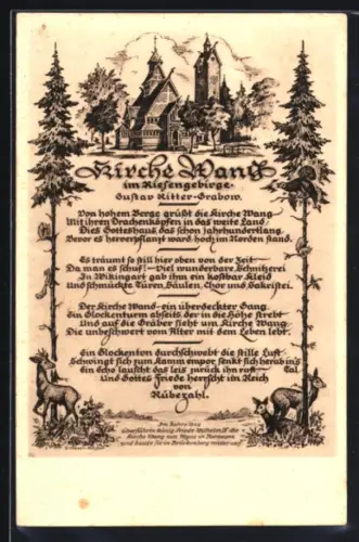 Künstler-AK Brückenberg, Kirche Wang, Rehe, Gedicht
