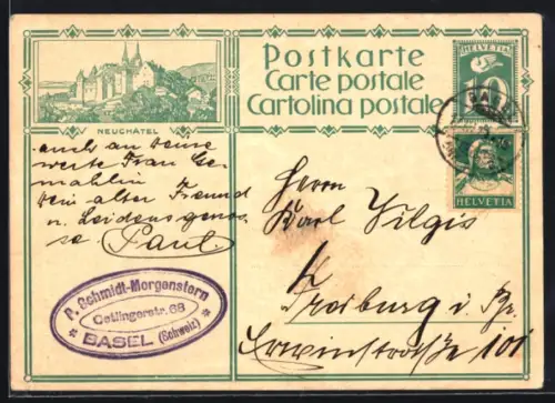 Lithographie Neuchatel, Ortsansicht, Ornament-Rahmen, Ganzsache