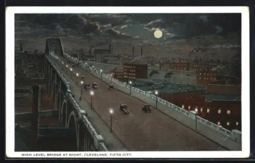AK Cleveland, OH, Fifth City, High Level Bridge at Night, Moon