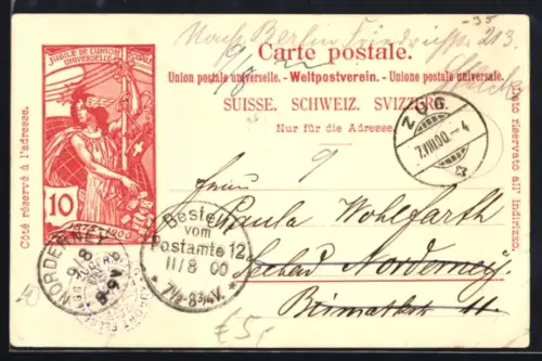 Lithographie Jubilè de l`Union Postale Universelle 1900, Figur mit Globus, Ganzsache