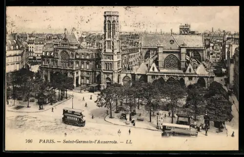 AK Paris, Saint-Germain-l`Auxerrois et tramways sur la place animée