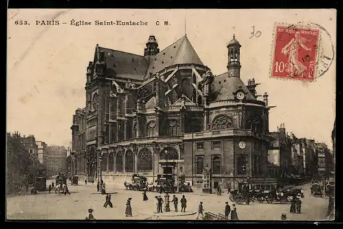 AK Paris, Église Saint-Eustache et la vie urbaine animée autour