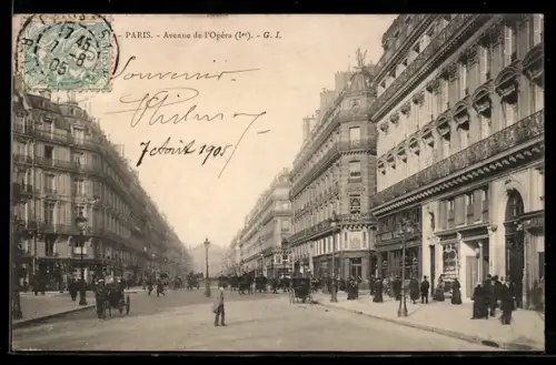 AK Paris, Avenue de l`Opéra avec passants et voitures à cheval