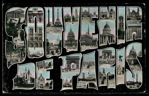 AK Paris, Souvenir de Paris avec monuments emblématiques en lettres illustrées