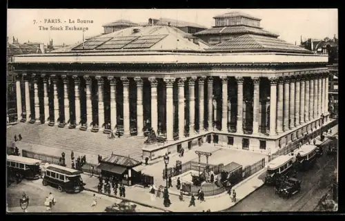 AK Paris, La Bourse avec tramways et passants animés
