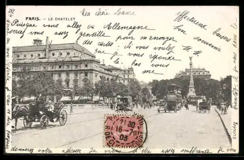 AK Paris, Le Châtelet avec voitures à cheval et vue sur la place animée