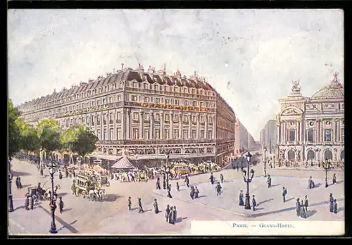 Künstler-AK Paris, Vue du Grand Hôtel et de l`Opéra avec passants et voitures