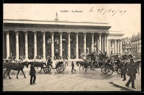 AK Paris, La Bourse et calèches animant la rue devant l`édifice majestueux