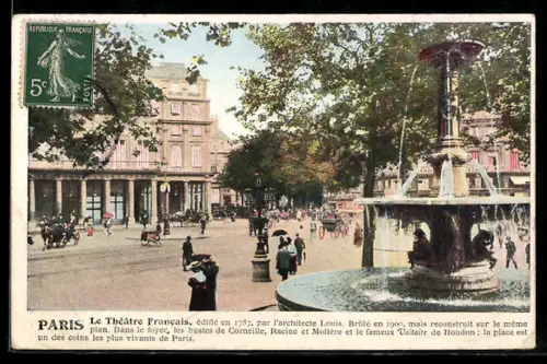 AK Paris, Le Théâtre Francais et la fontaine animée sur une place vivante de la ville