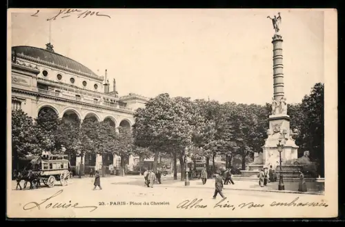 AK Paris, Place du Châtelet avec colonne et calèches circulant sur la place animée
