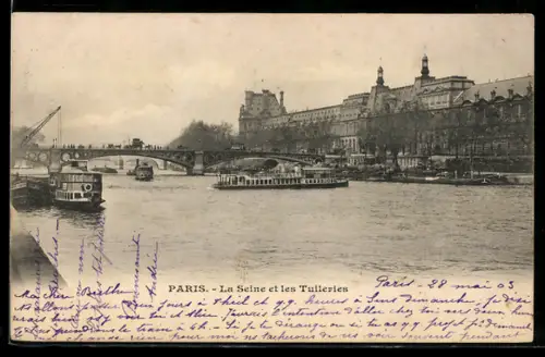 AK Paris, La Seine et les Tuileries avec bateaux et pont animé