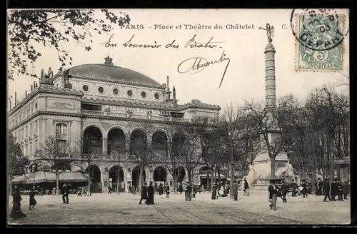 AK Paris, Place et Théâtre du Châtelet avec colonne et passants