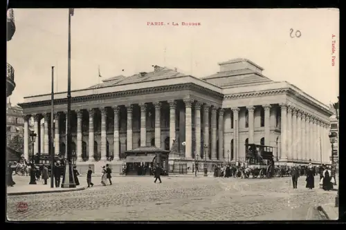 AK Paris, La Bourse avec passants et calèche sur la place animée