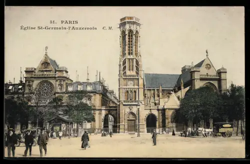 AK Paris, Église St-Germain-l`Auxerrois, vue de la facade avec passants et calèches
