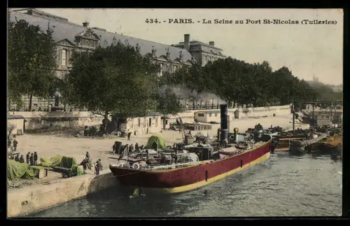 AK Paris, La Seine au Port St-Nicolas, Tuileries, avec un bateau à vapeur amarré