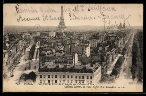 AK Paris, Vue prise de l`Arc de Triomphe sur l`Avenue d`Iéna, l`Avenue Kléber, la Tour Eiffel et le Trocadéro