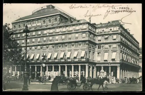 AK Paris, Théâtre Francais avec calèches sur la rue animée