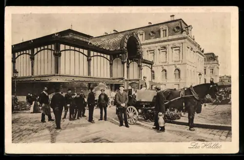 AK Paris, Les Halles avec charrette et passants