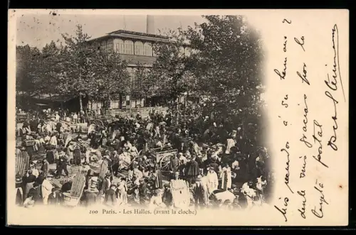 AK Paris, Les Halles avant la cloche, foule animée sur le marché