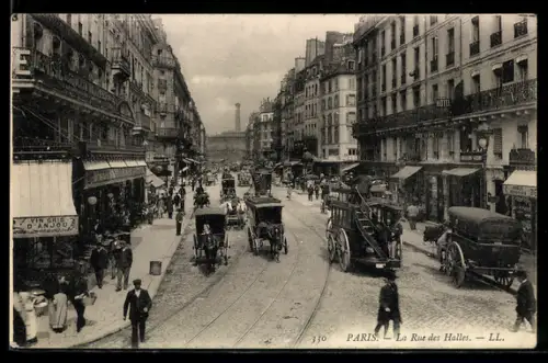 AK Paris, La Rue des Halles animée avec voitures et passants