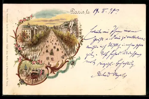 Lithographie Paris, Boulevard de la Madeleine animé avec voitures et calèches