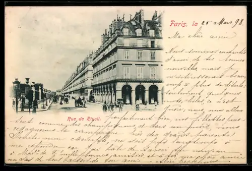 AK Paris, Rue de Rivoli avec passants et calèches
