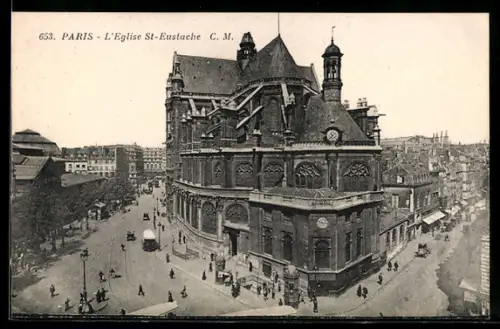 AK Paris, L`Église St-Eustache et la rue animée adjacente