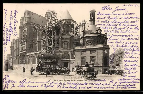 AK Paris, Église Saint-Eustache en rénovation avec calèches sur la place