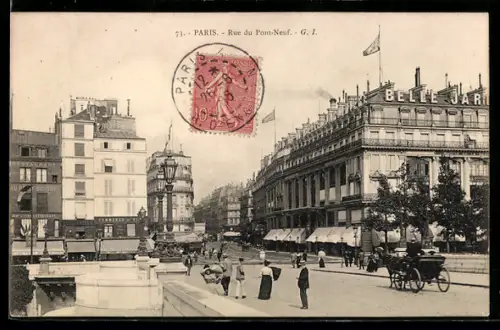 AK Paris, Rue du Pont-Neuf avec passants et calèches animées