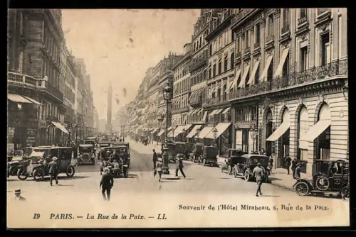 AK Paris, La Rue de la Paix, animation urbaine et voitures anciennes