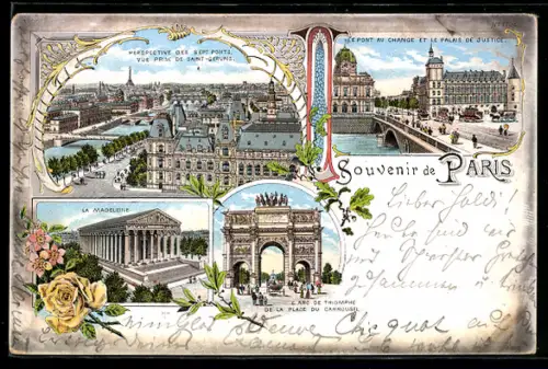 Lithographie Paris, Souvenir de Paris, Pont au Change, La Madeleine, Arc de Triomphe