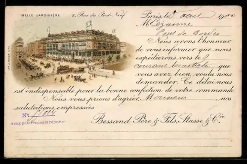 Lithographie Paris, Belle Jardinière, 2. Rue du Pont Neuf, Pont-Neuf avec animation urbaine et voitures à cheval