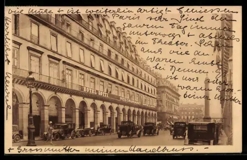 AK Paris, Hôtel Lotti et rue de Castiglione avec voitures d`époque