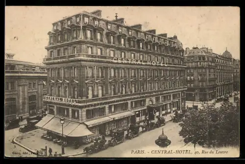 AK Paris, Central-Hôtel, 40 Rue du Louvre, vue animée avec voitures et passants
