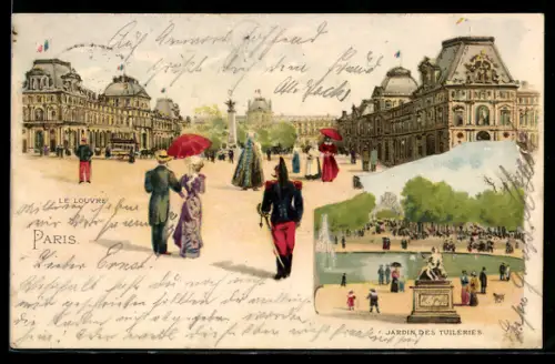 Lithographie Paris, Le Louvre et Jardin des Tuileries avec passants élégants