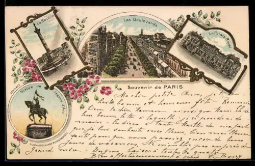 Lithographie Paris, Souvenir de Paris avec la Bastille, les Boulevards et le Palais Royal